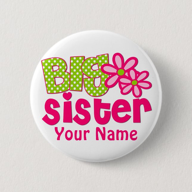 Big Sister Lime Green Pink Personalised Button (Front)