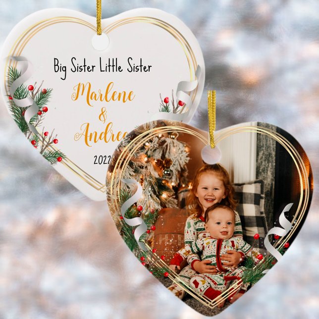 Big Sister Love Photo Holly Pine Gold Frame Ceramic Ornament (Creator Uploaded)