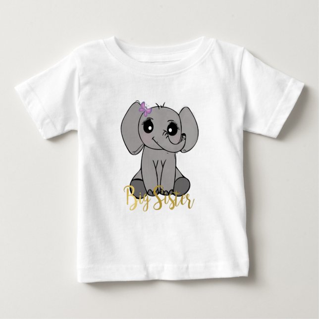 Big sister, new baby elephant faux gold lettering T-Shirt (Front)