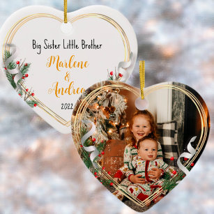 Big Sister New Baby Photo Holly Pine Gold Frame Ornament