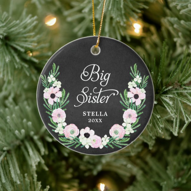 Big Sister Personalised Bohemian Floral Wreath Ceramic Ornament (Tree)