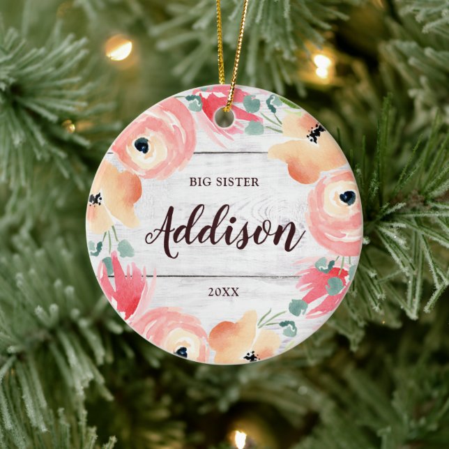 Big Sister Personalised Rustic Pink Floral Wreath Ceramic Ornament (Tree)