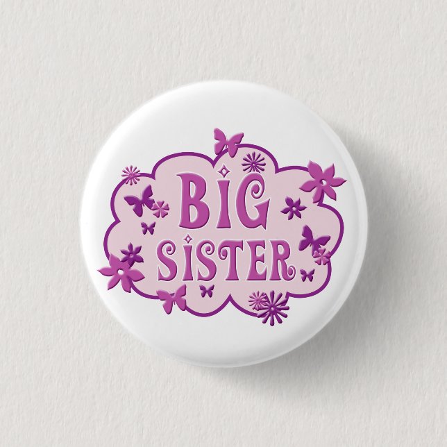 Big Sister Pink Flower Butterfly Button (Front)