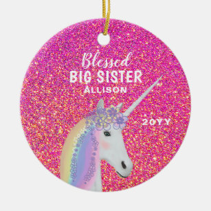 Big Sister Pink Glitter Unicorn Personalised Ceramic Ornament