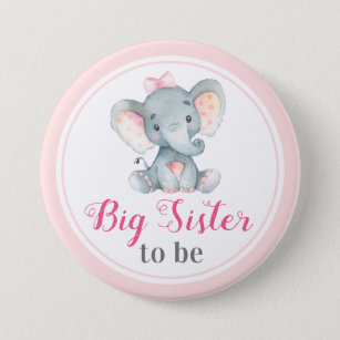 Big Sister to be New Sis Baby Girl Shower Elephant 7.5 Cm Round Badge