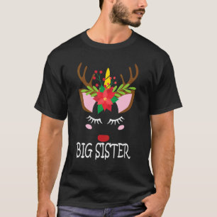 Big Sister Unicorn Face Reindeer Flower  Christmas T-Shirt