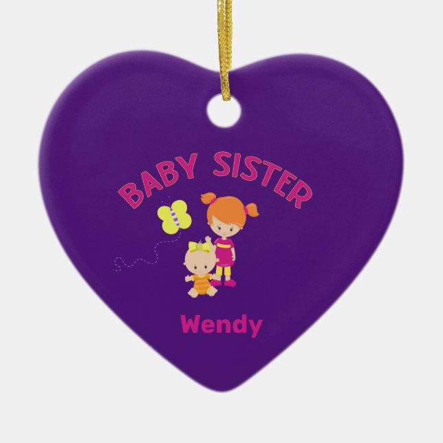 Big Sister with Baby Sister Name Year Heart Ceramic Ornament (Front)