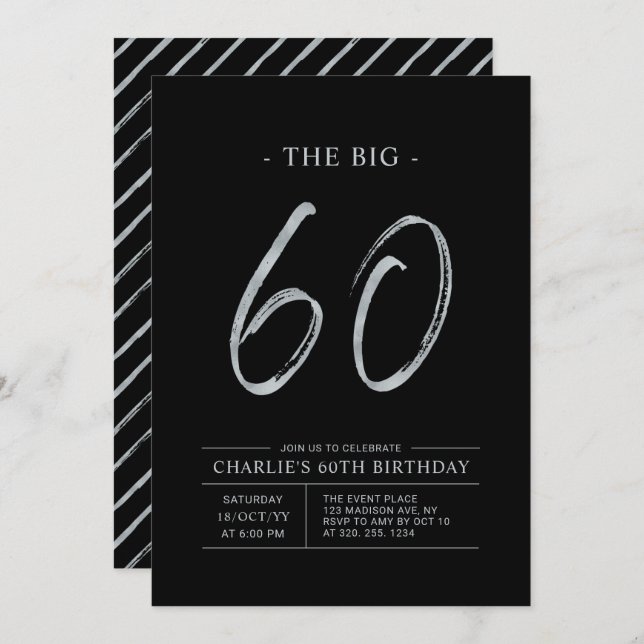 Big Sixty | Silver & Black 60th Birthday Party Invitation (Front/Back)