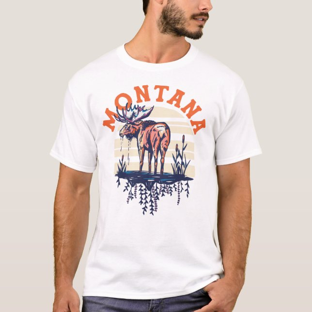 Big Sky Country Montana. Cool Retro Travel Moose T-Shirt (Front)