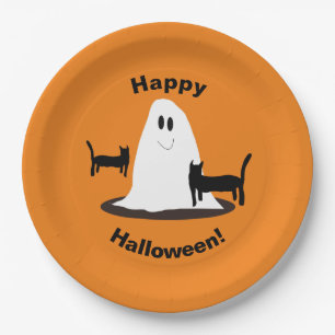 Big Smiling Ghost with Black Cats Halloween Party Paper Plate