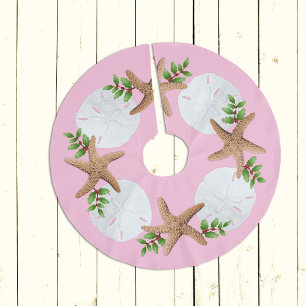 Big Starfish Sand Dollars Holly Leaves Pink Brushed Polyester Tree Skirt