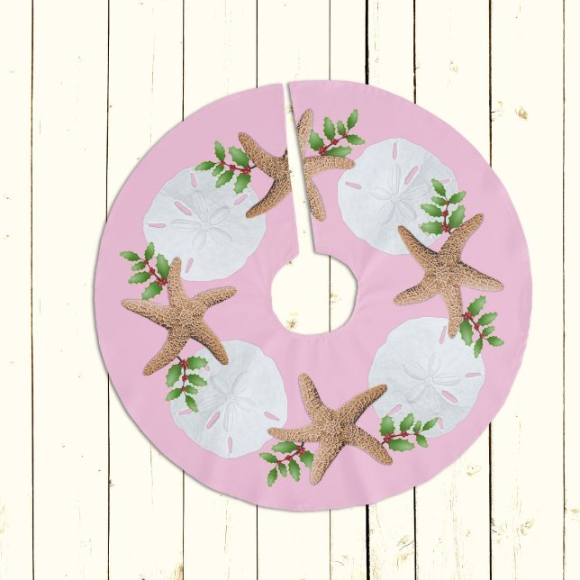 Big Starfish Sand Dollars Holly Leaves Pink Brushed Polyester Tree Skirt (Creator Uploaded)