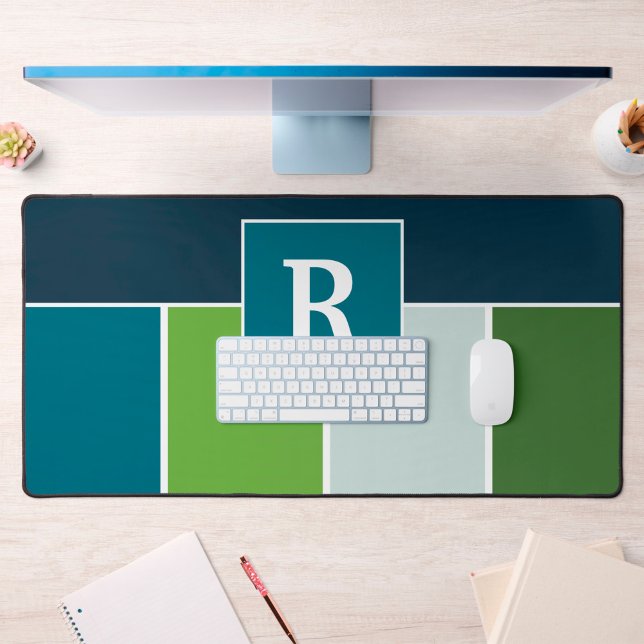 Big Stripes in blue and green with Monogram  Desk Mat (Desk mat with monogram in blue and green)