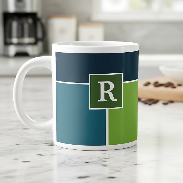 Big Stripes in blue and green with Monogram Large Coffee Mug (coffee mug in blue and green with monogram)