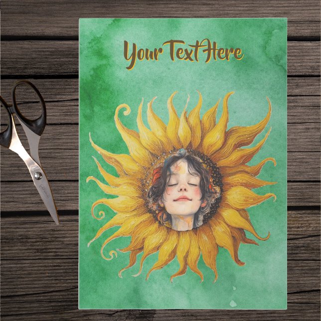 Big Sunflower Childs Face Watercolour Look Green Tissue Paper (Big yellow sunflower with littlle girl's face on vibrant watercolour look green tissue paper.)