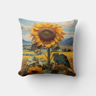Big Sunflower Field With Mountain Background Cushion
