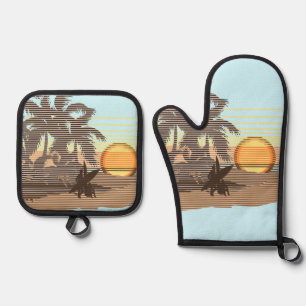 Big Sunset Hawaiian Stripe Surfers - Aqua & Brown Oven Mitt & Pot Holder Set
