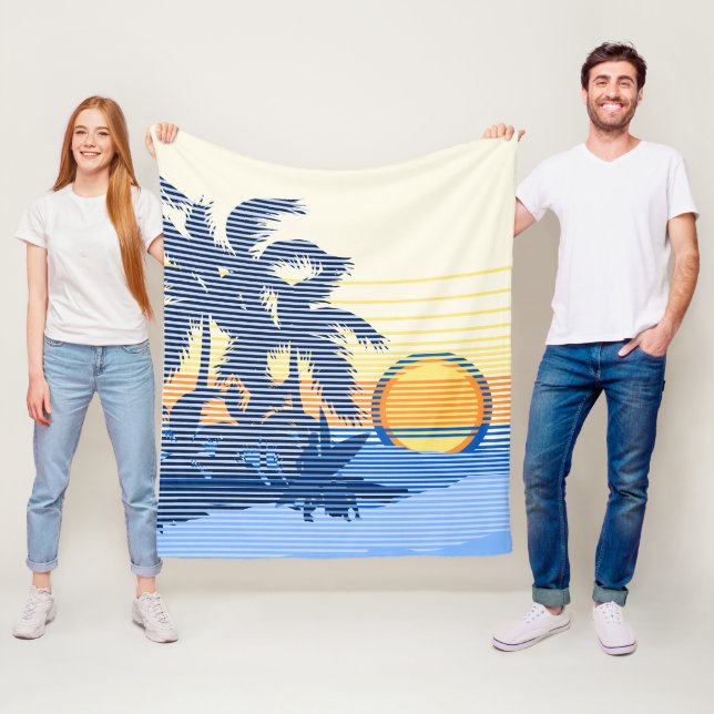 Big Sunset Stripe Hawaiian Surfers Blue Fleece Blanket (In Situ)