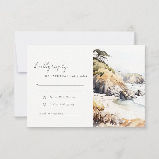 Big Sur, California Landscape Watercolor Wedding RSVP Card (Front)