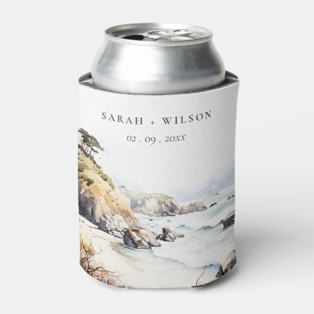 Big Sur, California Watercolor Landscape Wedding Can Cooler (Can Front)
