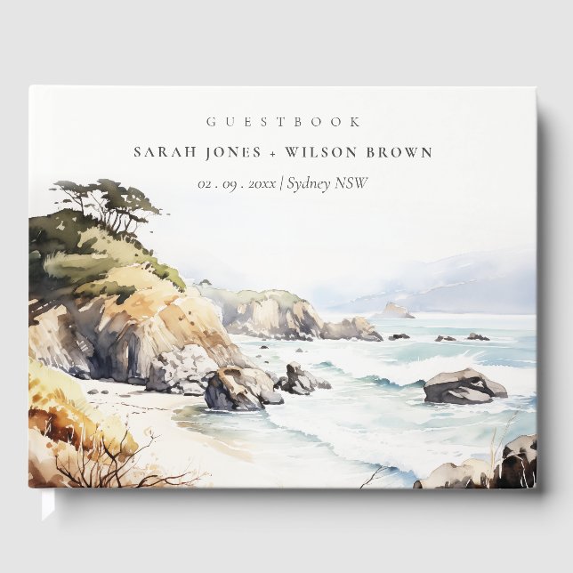 Big Sur, California Watercolor Landscape Wedding Guest Book (Front)