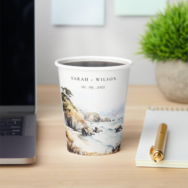 Big Sur, California Watercolor Landscape Wedding Paper Cups (Insitu)