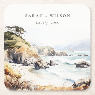 Big Sur, California Watercolor Landscape Wedding Square Paper Coaster
