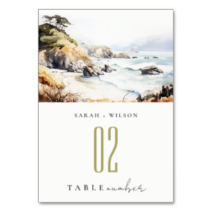 Big Sur, California Watercolor Landscape Wedding Table Number