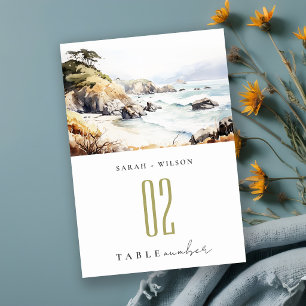 Big Sur, California Watercolor Landscape Wedding Table Number