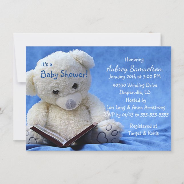 Big Teddy Bear Reads Book Boy Shower Invitation (Front)