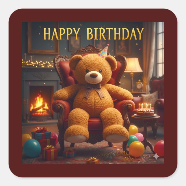 BIG TEDDYBEAR HAPPY BIRTHDAY SQUARE STICKER (Front)