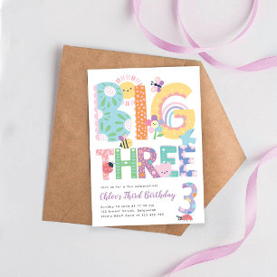 Big Three Girls Birthday, Third Birthday  Invitation