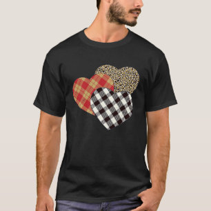 Big Three Hearts Leopard Buffalo Plaid  Valentine' T-Shirt