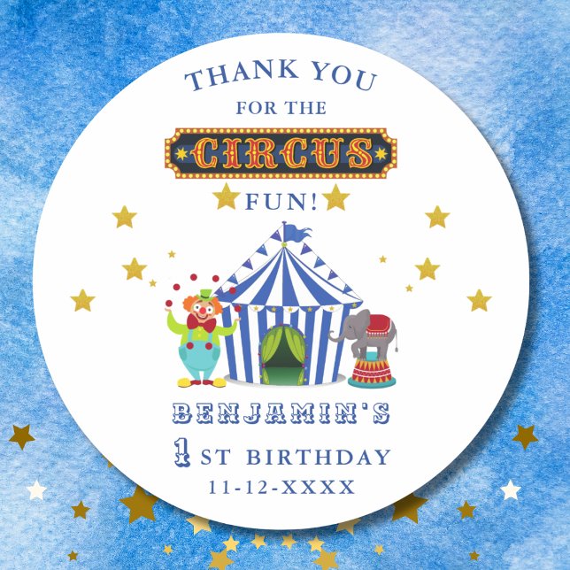 Big Top Circus 1st Birthday Thank You Classic Round Sticker (Creator Uploaded)