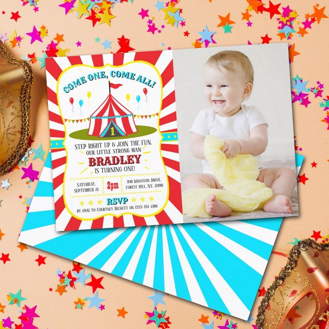 Big Top Circus Carnival 1st Birthday Photo Invitation (Creator Uploaded)