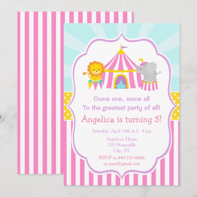 Big Top Circus Carnival Birthday in Pink Invitation (Front/Back)