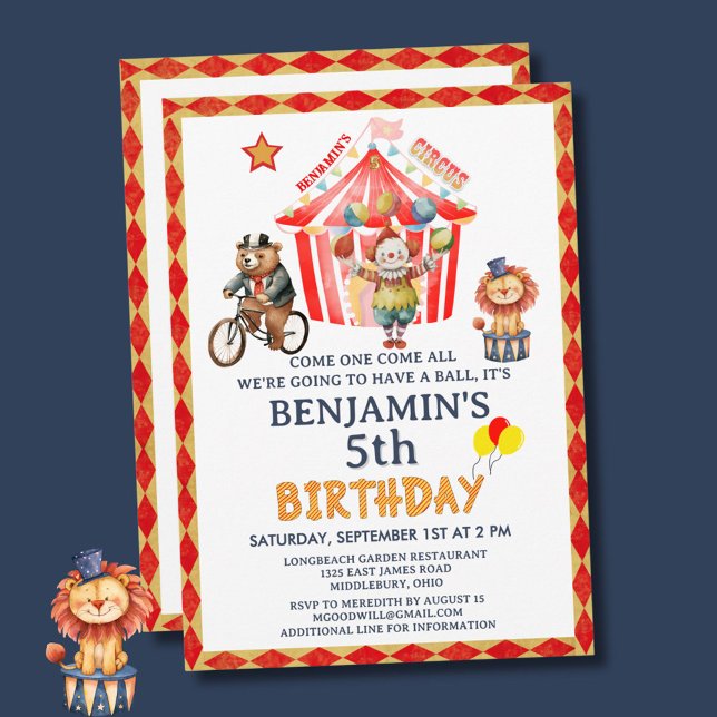 Big Top Circus Carnival Boy Fifth Birthday Invitation (Creator Uploaded)