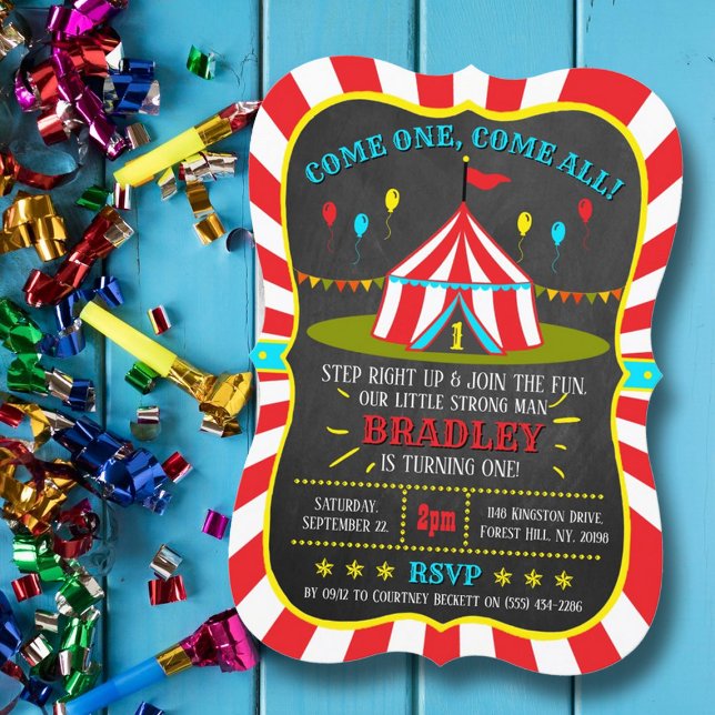 Big Top Circus Carnival Chalkboard 1st Birthday Invitation (Creator Uploaded)