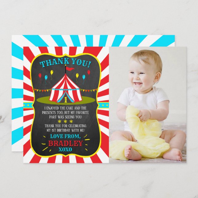 Big Top Circus Carnival Chalkboard 1st Birthday Thank You Card (Front/Back)