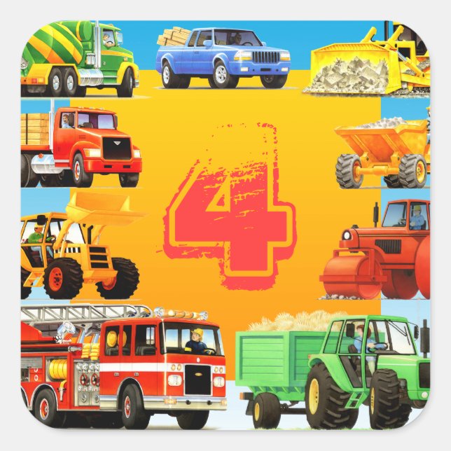 Big Trucks 4th Birthday Party Custom Kids Square Sticker (Front)