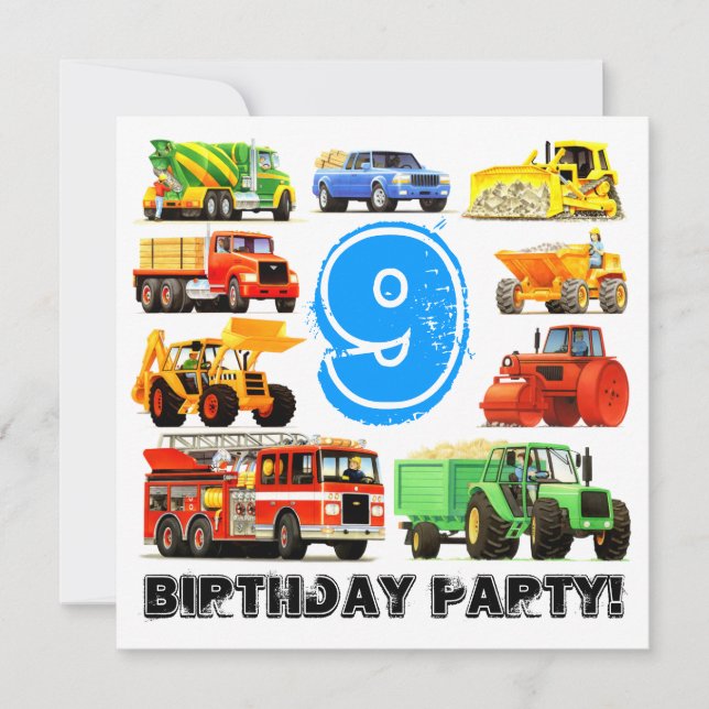 Big Trucks 9th Birthday Party Invitation (Front)