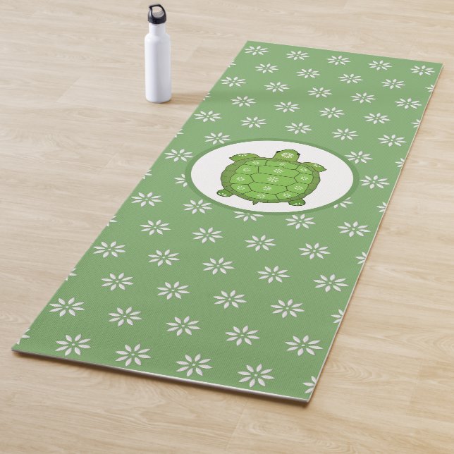 Big Turtle and White Flowers on Lime Green Yoga Mat (In Situ)