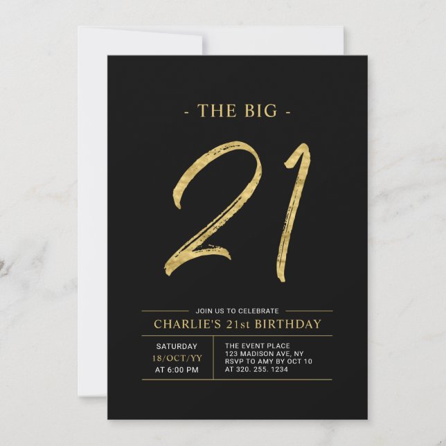 Big Twenty One | Gold & Black 21st Birthday Party Invitation (Front)