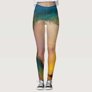 Big wave with sunset and abstract swirls leggings