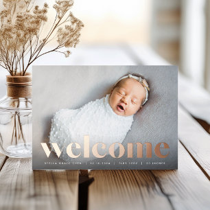 Big Welcome Rose Gold Foil Birth Announcement