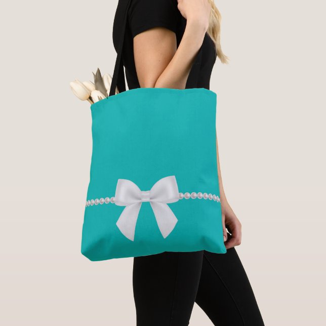 Big White Bow and Pearls Tote Bag | Tiffany-Inspo (Close Up)