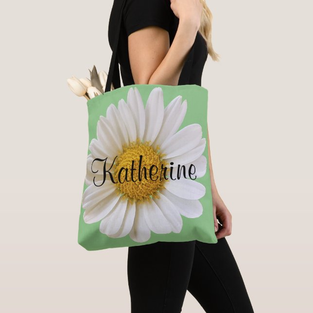 Big White Daisy Flower Personalised Name Tote Bag (Close Up)