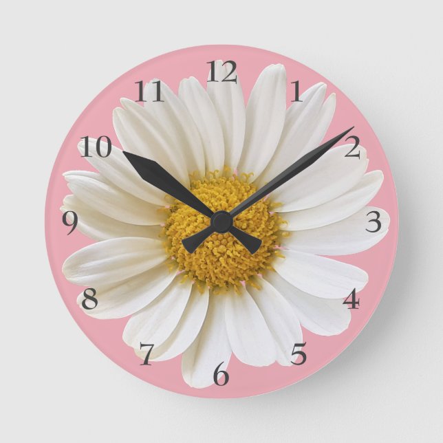Big White Daisy on Pink Background Round Clock (Front)