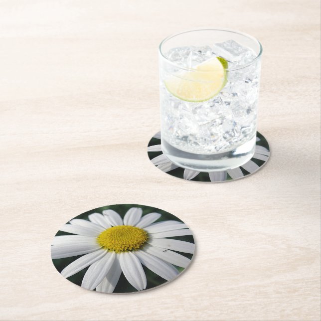 Big White Daisy Round Paper Coaster (Insitu)