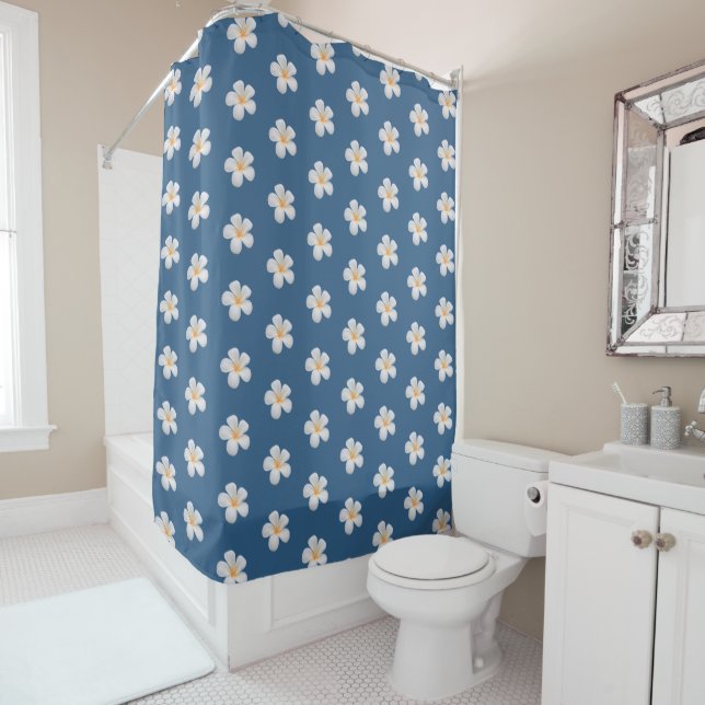  Big White Plumeria Flowers on Award Blue Shower Curtain (In Situ)